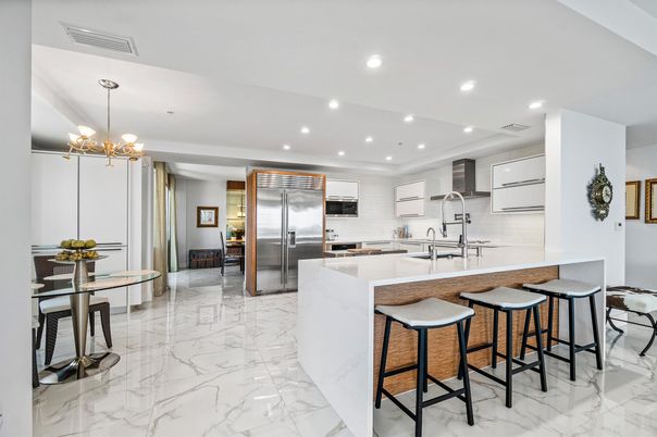 Interior, Kitchen, Marble, Pendant Lights, Recessed Lighting, Stainless Steel Appliances