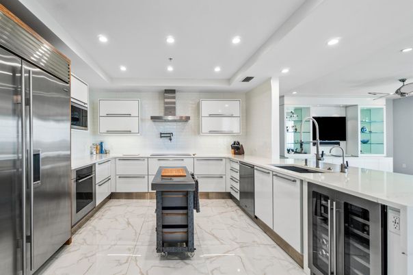 Interior, Kitchen, Marble, Recessed Lighting, Stainless Steel Appliances