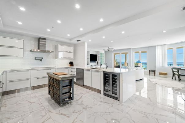 Interior, Kitchen, Living room, Marble, Recessed Lighting, Stainless Steel Appliances, Water