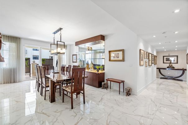 Dining room, Interior, Marble, Pendant Lights, Recessed Lighting