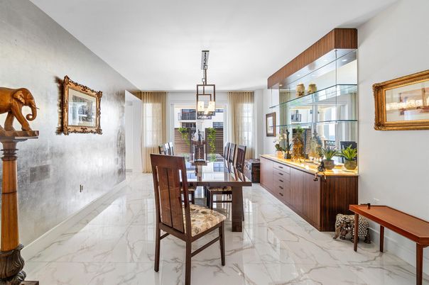 Dining room, Interior, Marble, Pendant Lights