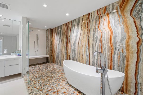 Bathroom, Dual Sink Vanities, Free Standing Baths, Interior, Recessed Lighting, Wooden Walls