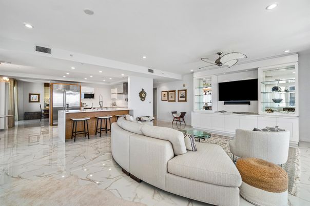 Interior, Kitchen, Living room, Marble, Recessed Lighting, Stainless Steel Appliances