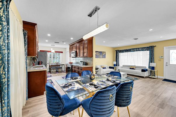 Dining room, Interior, Kitchen, Living room, Pendant Lights, Recessed Lighting, Wood Texture Flooring
