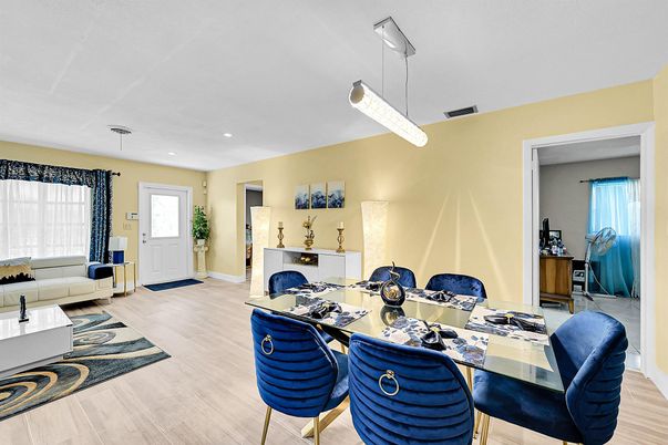 Dining room, Interior, Pendant Lights, Recessed Lighting, Wood Texture Flooring