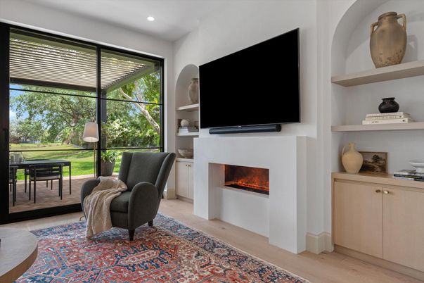 Fireplace, Interior, Recessed Lighting, Wood Texture Flooring