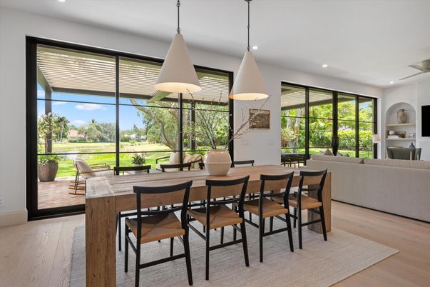 Dining room, Interior, Living room, Pendant Lights, Recessed Lighting, Wood Texture Flooring