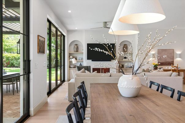 Dining room, Interior, Living room, Recessed Lighting, Wood Texture Flooring