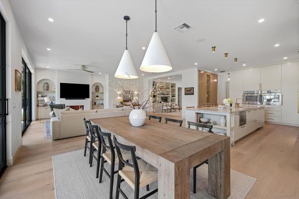 Dining room, Interior, Kitchen, Living room, Pendant Lights, Recessed Lighting, Stainless Steel Appliances, Wood Texture Flooring