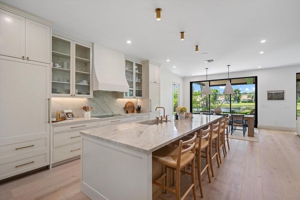 Dining room, Interior, Kitchen, Pendant Lights, Recessed Lighting, Wood Texture Flooring