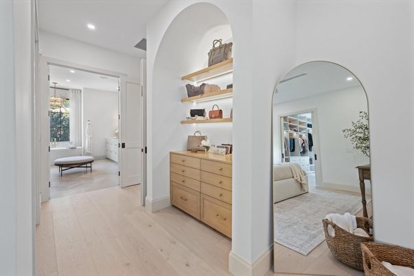 Bedroom, Chandelier, Interior, Recessed Lighting, Wood Texture Flooring