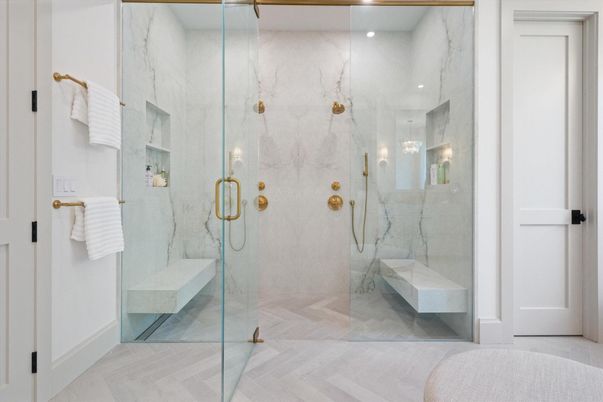 Bathroom, Glass Shower, Interior, Marble Walls, Recessed Lighting
