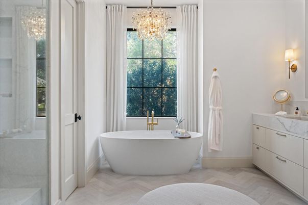Bathroom, Chandelier, Free Standing Baths, Interior, Wood Texture Flooring