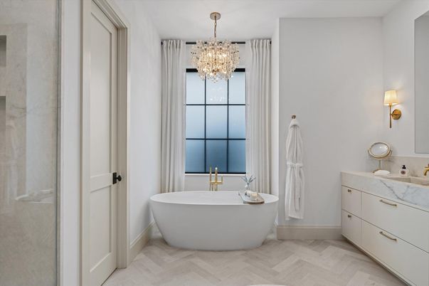 Bathroom, Chandelier, Free Standing Baths, Interior, Wood Texture Flooring
