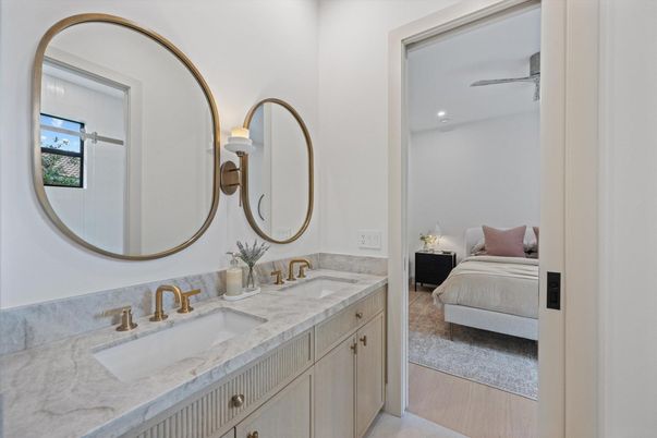 Bathroom, Bedroom, Dual Sink Vanities, Interior, Recessed Lighting, Wood Texture Flooring