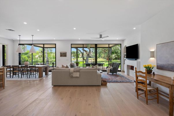 Dining room, Interior, Living room, Pendant Lights, Recessed Lighting, Wood Texture Flooring