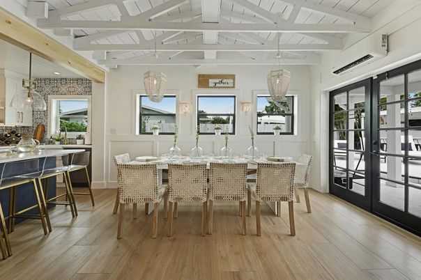 Dining room, Interior, Pendant Lights, Recessed Lighting, Wood Texture Flooring