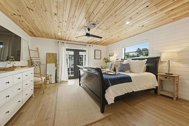 Bedroom, Interior, Recessed Lighting, Wooden Ceilings, Wood Texture Flooring