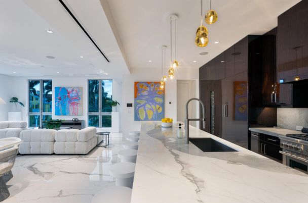 Interior, Kitchen, Living room, Marble, Pendant Lights, Recessed Lighting, Stainless Steel Appliances