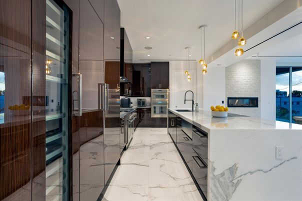 Fireplace, Interior, Kitchen, Marble, Pendant Lights, Recessed Lighting, Stainless Steel Appliances