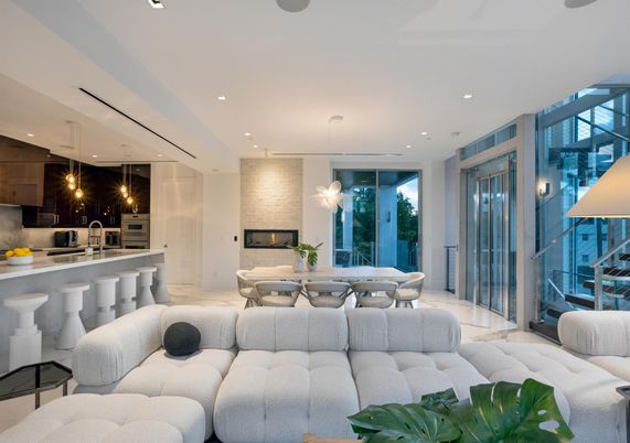 Dining room, Fireplace, Interior, Kitchen, Living room, Pendant Lights, Recessed Lighting, Stainless Steel Appliances