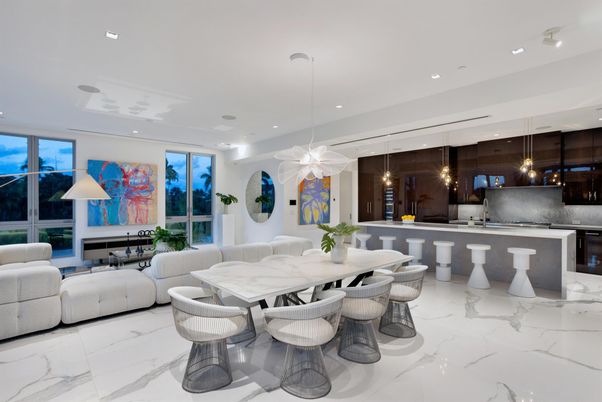 Dining room, Interior, Kitchen, Living room, Marble, Pendant Lights, Recessed Lighting, Stainless Steel Appliances