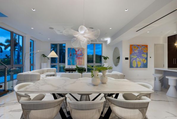 Dining room, Interior, Living room, Marble, Pendant Lights, Recessed Lighting