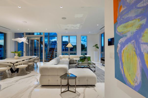 Dining room, Interior, Living room, Marble, Pendant Lights, Recessed Lighting