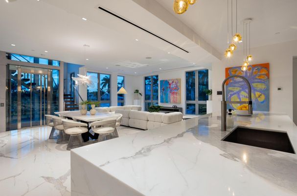 Dining room, Interior, Living room, Marble, Pendant Lights, Recessed Lighting