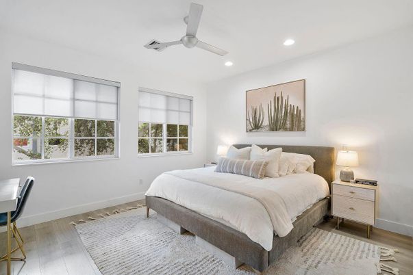 Bedroom, Interior, Recessed Lighting, Wood Texture Flooring