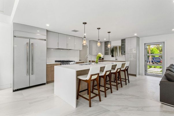 Interior, Kitchen, Marble, Pendant Lights, Recessed Lighting, Stainless Steel Appliances