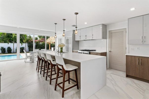 Interior, Kitchen, Marble, Pendant Lights, Recessed Lighting, Stainless Steel Appliances