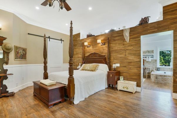 Bedroom, Interior, Recessed Lighting, Wood Texture Flooring, Wooden Walls