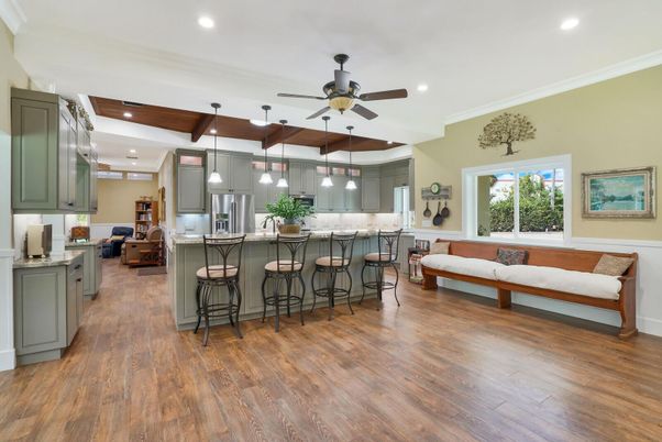 Interior, Kitchen, Pendant Lights, Recessed Lighting, Stainless Steel Appliances, Wooden Ceilings, Wood Texture Flooring