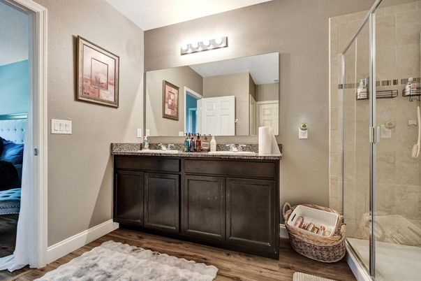 Bathroom, Glass Shower, Interior, Wood Texture Flooring