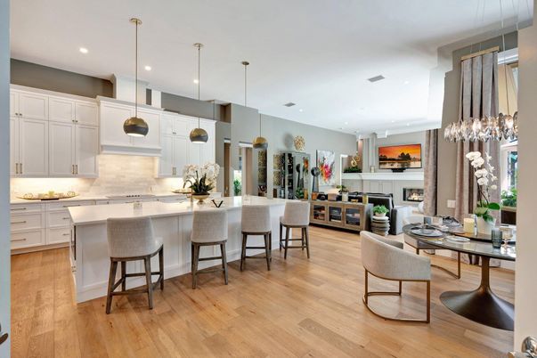 Fireplace, Interior, Kitchen, Pendant Lights, Recessed Lighting, Wood Texture Flooring