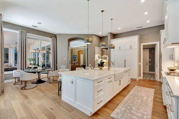 Dining room, Interior, Kitchen, Pendant Lights, Recessed Lighting, Wood Texture Flooring