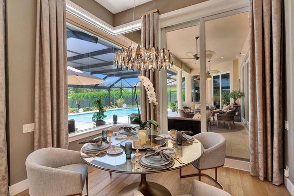 Chandelier, Dining room, Interior, Pendant Lights, Recessed Lighting, Sun Room, Water, Wood Texture Flooring