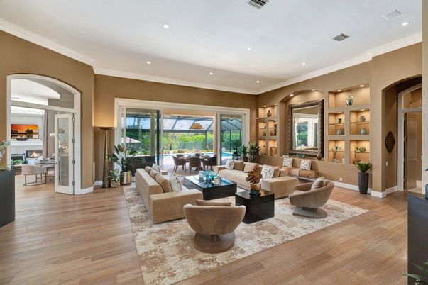 Dining room, Fireplace, Interior, Living room, Recessed Lighting, Wood Texture Flooring