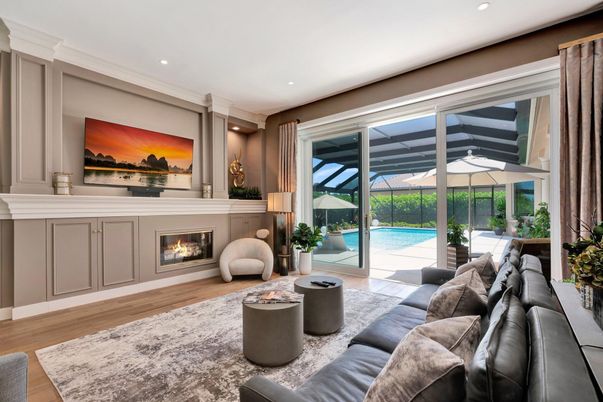 Fireplace, Interior, Living room, Recessed Lighting, Wood Texture Flooring