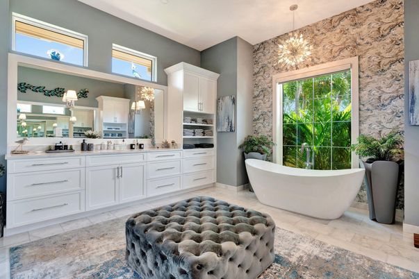 Bathroom, Dual Sink Vanities, Free Standing Baths, Interior, Pendant Lights, Recessed Lighting