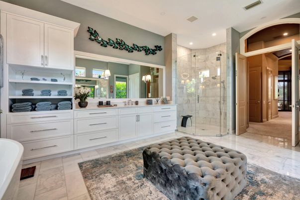 Bathroom, Dual Sink Vanities, Glass Shower, Interior, Marble, Recessed Lighting