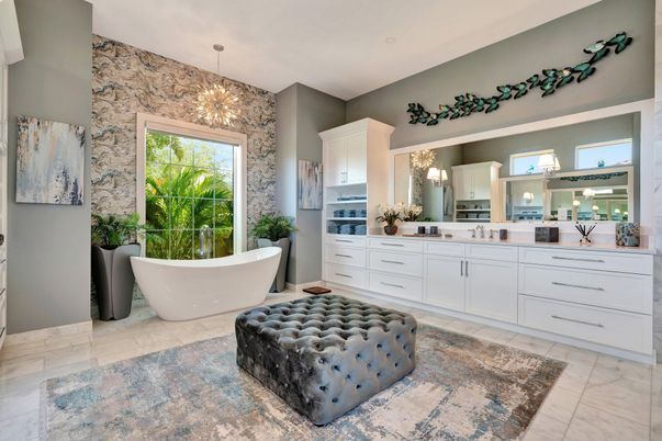 Bathroom, Dual Sink Vanities, Free Standing Baths, Interior, Marble, Pendant Lights