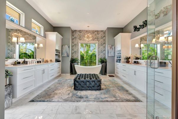 Bathroom, Dual Sink Vanities, Free Standing Baths, Interior, Marble, Recessed Lighting