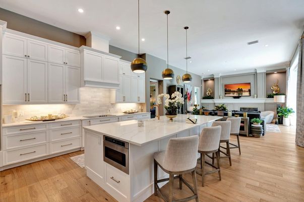 Fireplace, Interior, Kitchen, Living room, Pendant Lights, Recessed Lighting, Wood Texture Flooring