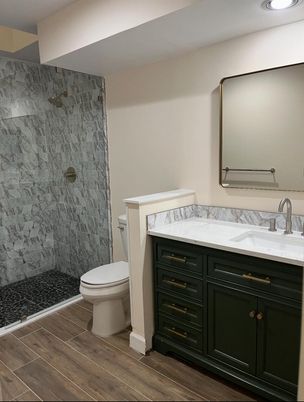 Bathroom, Glass Shower, Interior, Marble Walls, Recessed Lighting, Wood Texture Flooring