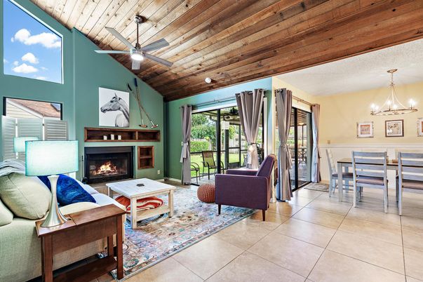 Chandelier, Dining room, Fireplace, Interior, Living room, Pendant Lights, Wooden Ceilings