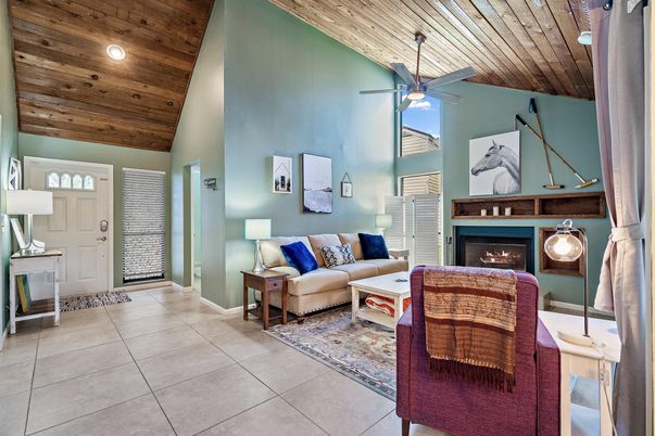 Fireplace, Interior, Living room, Recessed Lighting, Wooden Ceilings