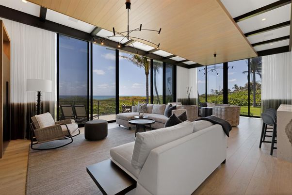 Interior, Living room, Pendant Lights, Recessed Lighting, Water, Wood Texture Flooring