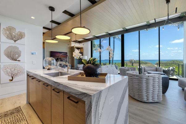 Interior, Kitchen, Pendant Lights, Recessed Lighting, Water, Wood Texture Flooring